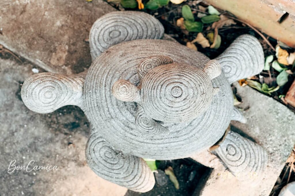 水池邊的雙層大小石頭烏龜造景