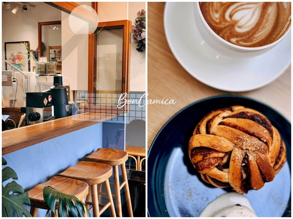 Qcoffee高腳椅吧檯座位區與甜點咖啡