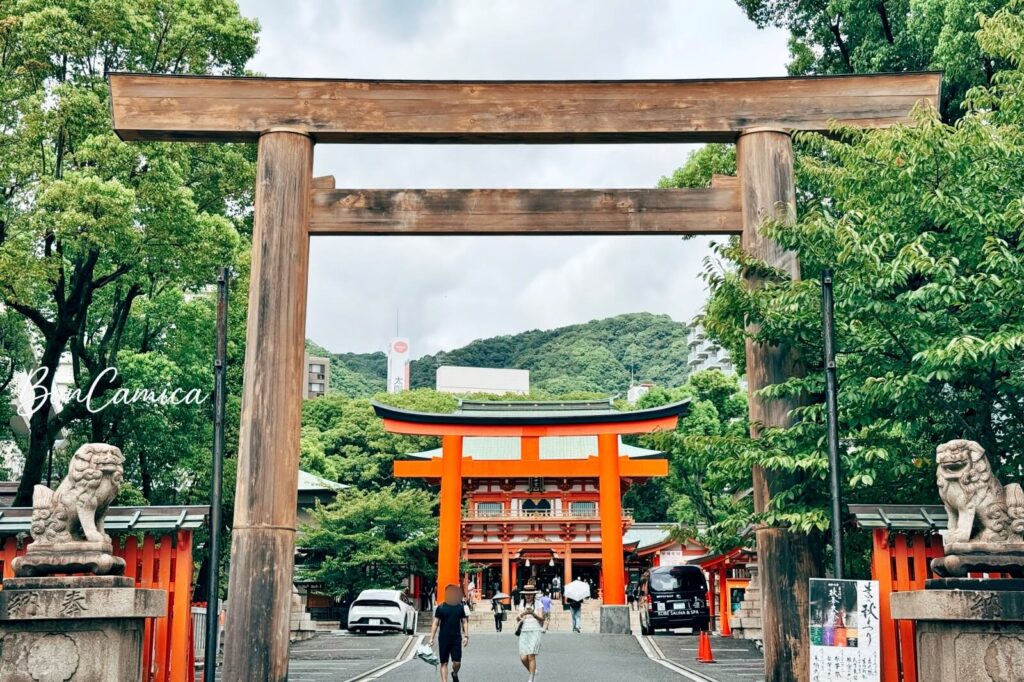 神戶生田神社的巨大木造鳥居、鮮紅鳥居與後方朱紅色主殿全景
